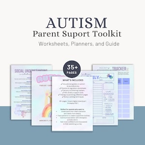 May include: A digital Autism Parent Support Toolkit with worksheets, planners, and a guide. The image shows several pages with titles like "Social Understanding" and "Sensory Processing Tracker." The toolkit includes educational guides, worksheets, and calming techniques.