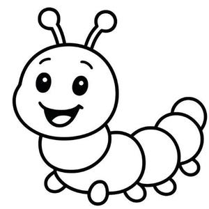 Può includere: Illustrazione a fumetti in bianco e nero di un bruco sorridente. Il bruco ha una testa rotonda con due antenne, grandi occhi e un ampio sorriso felice. Il suo corpo segmentato ha diverse sezioni arrotondate e piccole zampe.