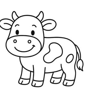 Può includere: Illustrazione di un cartone animato in bianco e nero di una mucca. La mucca ha una faccia sorridente, occhi neri e un corpo bianco con macchie nere. La mucca è in piedi su quattro zampe con una coda.