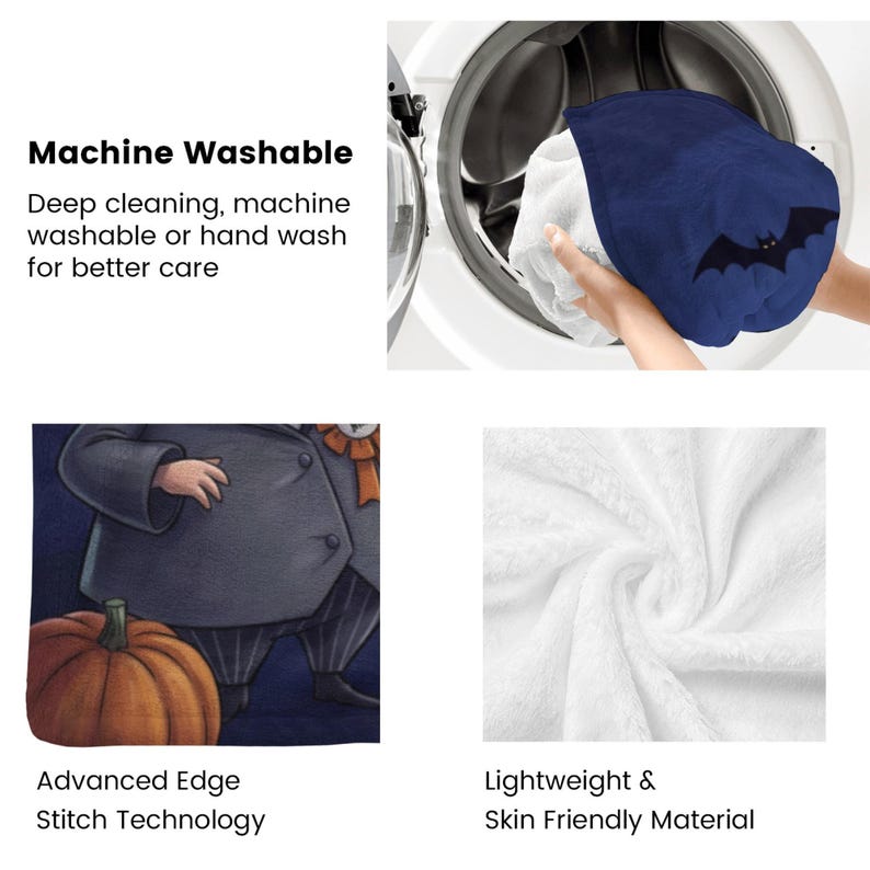 Puede incluir: Una manta azul marino con un dise&ntilde;o de murci&eacute;lago negro se coloca en una lavadora. La imagen tambi&eacute;n muestra un primer plano de una manta blanca y esponjosa y un dibujo de una persona con una calabaza. El texto dice "Lavable a m&aacute;quina".