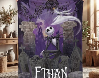 Manta de franela personalizada de Jack Skellington, manta personalizada de Pesadilla antes de Navidad, regalo de decoración gótica espeluznante para el hogar para niños y adultos.