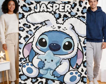 Manta de franela azul con nombre personalizado, manta infantil con estampado de leopardo personalizada, ropa de cama infantil con capucha de conejito adorable, regalos de cumpleaños para niños pequeños