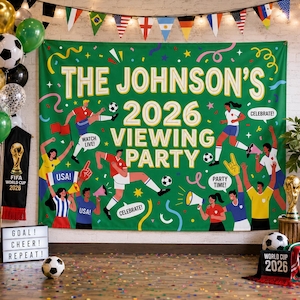 May include: A large green rectangular banner featuring the text THE JOHNSON'S 2026 VIEWING PARTY, surrounded by illustrations of soccer players, soccer balls, confetti, and speech bubbles with the phrases WATCH LIVE, USA, CELEBRATE, and PARTY TIME.