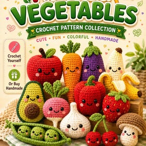 Op de afbeelding: Een haakpatroonboekcover getiteld Fruits & Vegetables met een collectie handgemaakte amigurumi-figuren, waaronder een rode appel, oranje wortel, paarse aubergine, gele banaan, groene avocado, roze radijs, rode paprika, aardbei, knoflook, erwtjes, kersen en een paddenstoel.