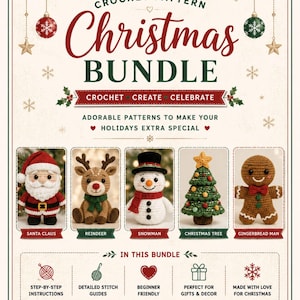Puede incluir: Un documento de patrón de ganchillo para Navidad que presenta texto e ilustraciones de cinco figuras amigurumi: Santa Claus, un reno, un muñeco de nieve, un árbol de Navidad y un hombre de jengibre, con instrucciones paso a paso y guías.