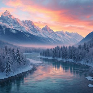 May include: A scenic landscape of snow-covered mountains and evergreen trees. A river flows through the valley, reflecting the colorful sunset sky. The scene evokes a sense of peace and tranquility, perfect for nature lovers.