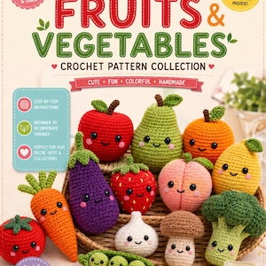 Peut inclure: Un livre de modèles au crochet intitulé Adorable Amigurumi Fruits & Vegetables présentant une collection de fruits et légumes en peluche faits main, incluant une pomme rouge, une poire verte, une orange, un citron jaune, une aubergine, une fraise, une pêche, une carotte, une tomate, de l'ail, un champignon, un brocoli et des petits pois.