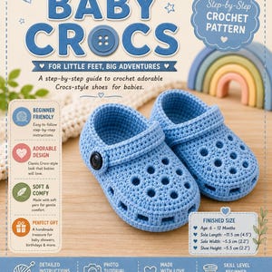 May include: A crochet pattern for baby shoes titled BABY CROCS, featuring a pair of light blue crocheted clogs with a black button on the side. The document includes text details on finished sizes, such as a sole length of 4.5 inches and width of 2.2 inches.