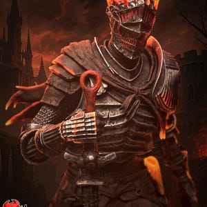 May include: A detailed digital artwork of a knight in dark armor, holding a sword. The knight's helmet is adorned with flames. The background features a dark, gothic castle and the text "PATREON h3LLcreator".