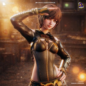 May include: Digital artwork of a woman in a futuristic black and gold outfit. The outfit includes a corset-style top with a honeycomb pattern and a zip. The woman has short brown hair and is looking towards the viewer, with her arm raised.