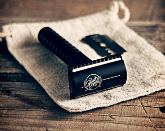 DE Mens Safety Shaving Razor in Black w/ adjustable head, long handle, classic shave kit