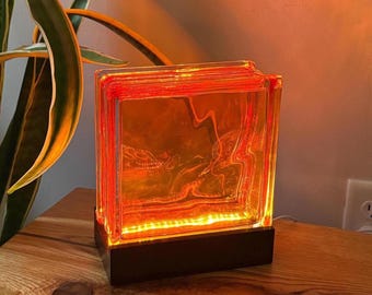 Glass Block Lamp - Orange glass with Dark wood