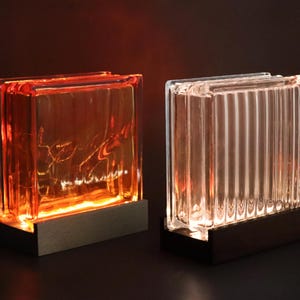 Glass Block Lamp – Orange or Clear Glass, Light/Dark Wood Base
