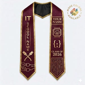 Personalized IT Graduation Sash, Computer Science Stole, Custom STEM Grad Gift, Binary Code Coding Sash, Class of 2025 2026, IT Major Stole