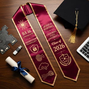 Personalisierte IT Cybersicherheit Abschlussschärpe, IT-Stola, Abschlussgeschenk, Personalisierungs-Binärcode-Schärpe, Klasse von 2025 2026 Grad