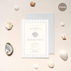 May include: Wedding invitation with a seashell theme. The invitation has a light blue and white striped border, with the words "Seashells and Wedding Bells" and a seashell graphic. Various seashells surround the invitation.