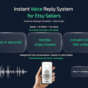 May include: Graphic promoting an instant voice reply system for Etsy sellers. The image shows a smartphone with a microphone icon, and text that reads "Reply in seconds", "Handle angry buyers", and "Convert chats into orders". The text also says "Speak → AI Writes → You Send".