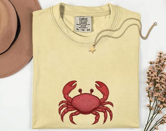 Crab Embroidered T Shirt, Ocean Animal Graphic Tee, Coastal Style Top