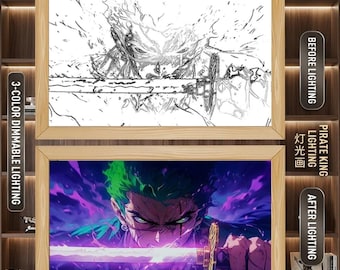 Cuadro de caja de luz LED de Zoro de One Piece, arte de pared de anime, póster de manga enmarcado regulable de 3 colores, decoración estética para dormitorio, idea de regalo para otakus