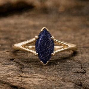 Marquise Blue Sandstone Engagement Ring Split Shank Ring Delicate 14k Yellow Gold Prong Setting Bridal Ring wedding ring love ring for women