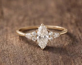 Vintage Marquise Cut Moissanite Engagement Ring Cluster Diamond Wedding Ring Three Stone Ring Delicate 14k Solid Gold Diamond Promise Gift