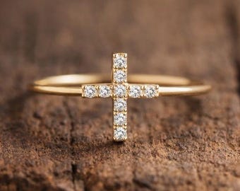 Dainty Gold Cross Ring, Minimalist Faith Jewelry for Her, Vertical Cross Stacking Band, Christian Confirmation Gift, Religious 14K Gold Ring