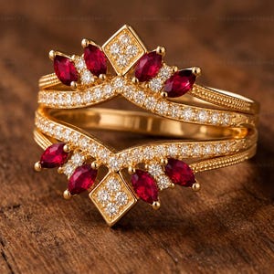 Marquise Cut Ruby Ring Enhancer, Vintage Crown Wedding Band Guard, Pink Stone Tiara Ring Jacket, July Birthstone Anniversary Gift
