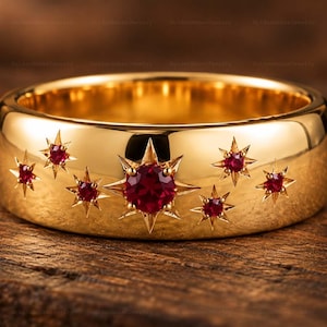 Celestial Star Ruby Wedding Band Unisex Ring Chunky Yellow Gold Star Ring Curved Wedding Band Inner Engraved Ruby Ring Gift for Love