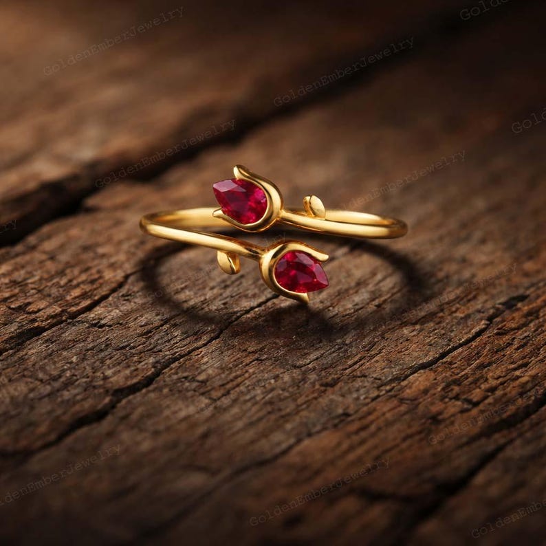 Pear Ruby Wrap Ring, Open Bypass Ruby Ring, Minimalist Gold Ring, July Birthstone Promise Ring, Anniversary Gift for Her image 1