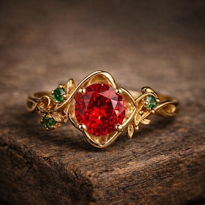 May include: A gold ring with a large, round, faceted red gemstone at its centre. The ring has a floral design with green gemstones on the sides. The ring is set on a wooden surface.