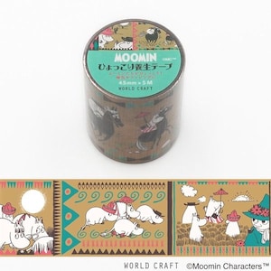The image is a circular roll of Moomin craft tape featuring various cartoon characters and designs.
