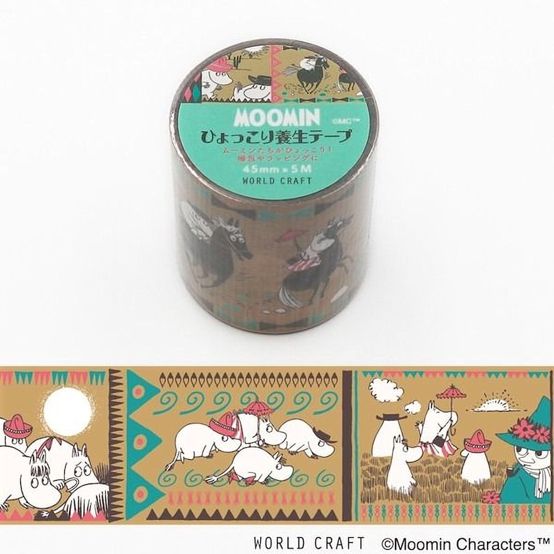 The image is a circular roll of Moomin craft tape featuring various cartoon characters and designs.