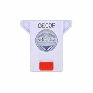 a white plastic device with a red button and the word "DECOP" printed on it.