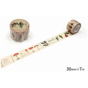 May include: Washi tape with botanical illustrations of mushrooms, leaves, and plants. The tape is 30mm wide and 7m long. One roll is in a clear wrapper, and another is unraveled, showing the design.