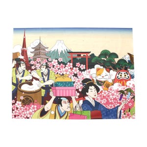 Op de afbeelding: Een kleurrijke illustratie die een Japanse scène weergeeft met iconische bezienswaardigheden zoals de Tokyo Tower en Mount Fuji. Figuren in traditionele kledij worden getoond te midden van kersenbloesems, met geschenken en boodschappentassen.