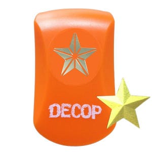 May include: An orange craft punch with a gold star design and the word "DECOP" in white. A separate gold star is next to the punch. The punch is a crafting tool.