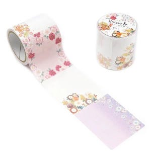May include: Decorative washi tape with a floral design. The tape roll is white with a pink and purple gradient, and features a repeating pattern of flowers in shades of pink, orange, and yellow. The text "Kimono" is visible on the top of the tape roll.
