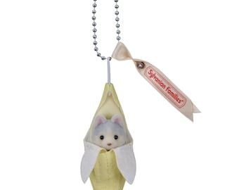 Calico Critters Miniature Doll Figure Keychain charm, Husky Baby in Banana Costume