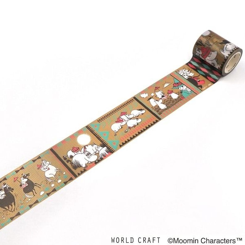 A roll of decorative tape with a repeating pattern of various cartoon-style illustrations, including animals, people, and geometric shapes.