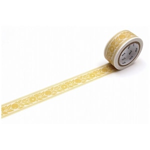 May include: A roll of adhesive washi tape featuring a repeating pattern of yellow citrus fruits and leaves on a cream background. The inner core of the roll is white and printed with the repeating black text mt, indicating the brand name.