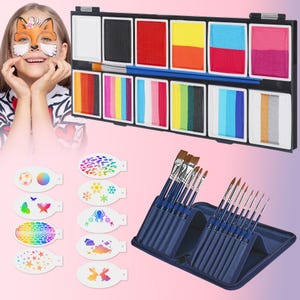 Face Paint Kit 12 Colors with 14 Brushes & 9 Stencils – Non Toxic Water Based, Professional, Easy to Use Party Makeup for Kids