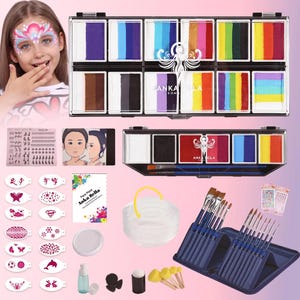 Könnte beinhalten: Ein Gesichtsbemalungs-Set mit einer Vielzahl von Farben, Pinseln, Schablonen und Schwämmen. Das Set enthält eine Palette mit leuchtenden Farben, ein Heft und eine junge Person mit Gesichtsbemalung.