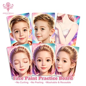 May include: A set of six rectangular face paint practice boards featuring illustrations of children's faces and a partial torso against a colourful nebula background. The text reads Anka Bella, Face Paint Practice Board, No Curling, No Peeling, Washable & Reusable.