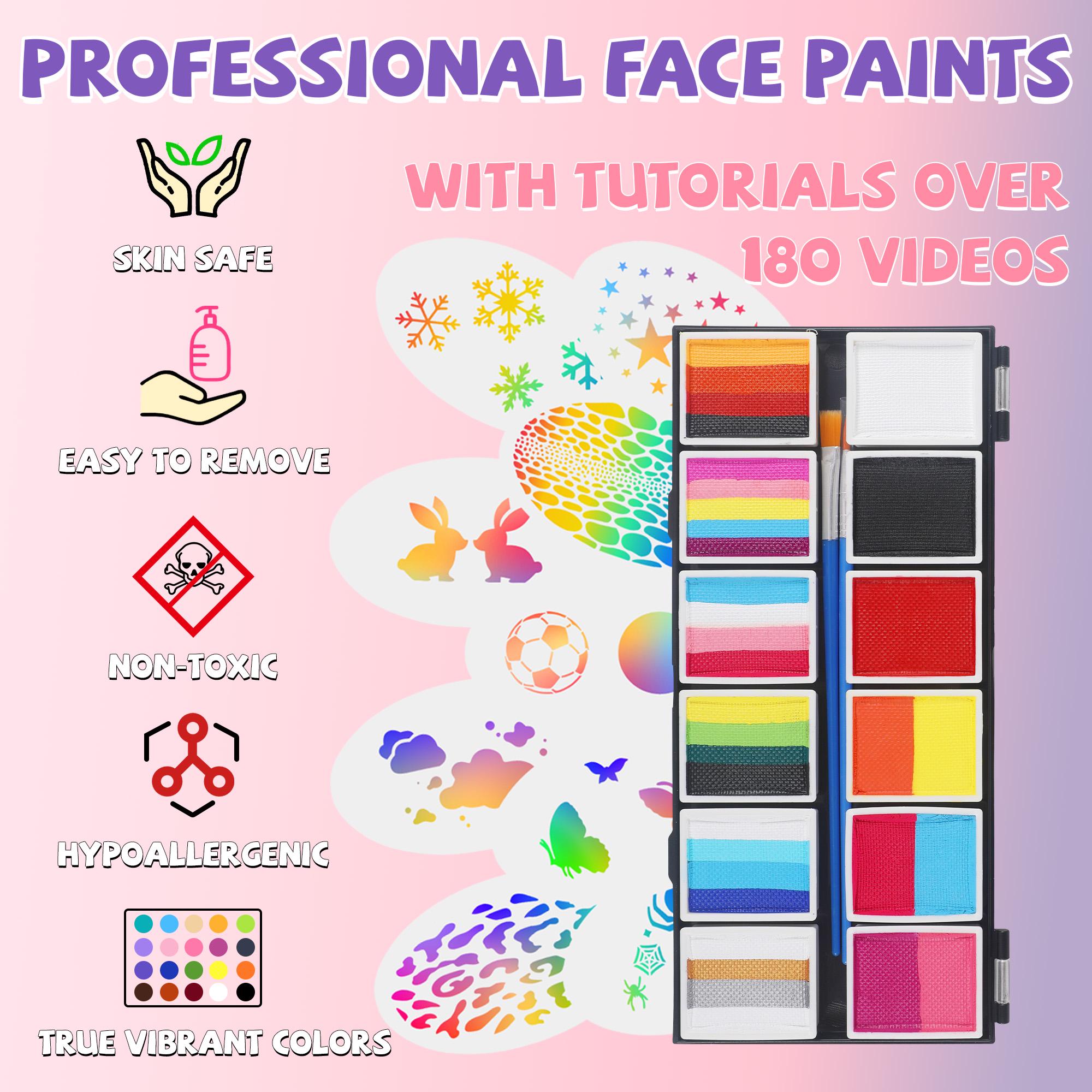 Face Paint Kit 12 Colors With 14 Brushes & 9 Stencils – Non Toxic Water ...