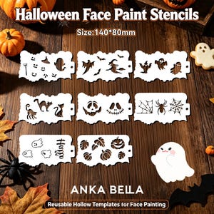Pode incluir: Um conjunto de oito estênceis retangulares brancos para pintura facial de Halloween com recortes de fantasmas, morcegos, bruxas, gatos, abóboras, aranhas e teias. Cada estêncil mede 140 por 80 mm. O texto diz Halloween Face Paint Stencils.