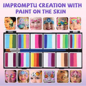 May include: A face paint kit with a variety of colorful paints and brushes. The image shows children with painted faces, including a skull, butterflies, and flowers. The text at the top reads "IMPROMPTU CREATION WITH PAINT ON THE SKIN."