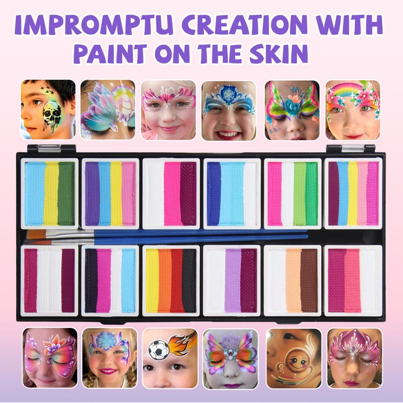 May include: A face paint kit with a variety of colorful paints and brushes. The image shows children with painted faces, including a skull, butterflies, and flowers. The text at the top reads "IMPROMPTU CREATION WITH PAINT ON THE SKIN."