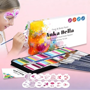 Op de afbeelding: Een gezichts- en lichaamsverfset van "Anka Bella" wordt getoond. Het bevat een palet met kleurrijke verven, penselen, sjablonen en een doos met de tekst "Water-Based & Food Grade Pigment Safe & Easy To Use". Het nettogewicht is 120g.