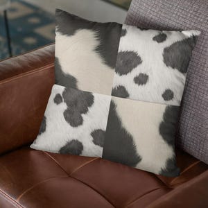 Cow Print Patchwork Throw Pillow, Faux Linen 18x18, Eclectic Decor