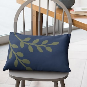 Navy and Sage Throw Pillow, Minimalist Botanical Lumbar Pillow, Modern Farmhouse Couch Cushion